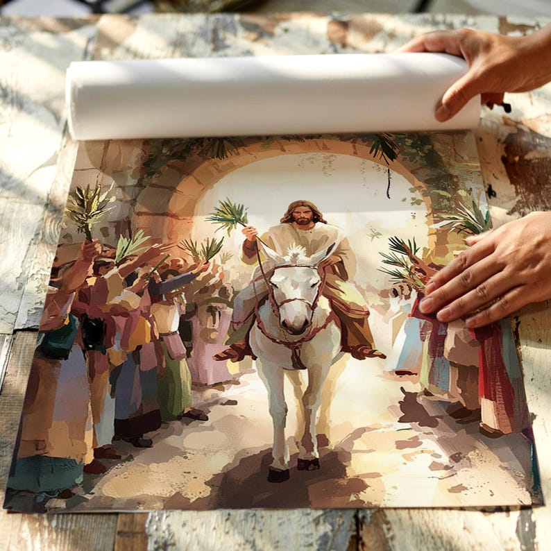Palm Sunday Jesus Riding on a Donkey Religious Poster, Triumphal Entry ...
