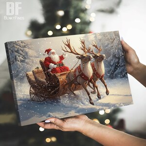 Santa Claus Sleigh Canvas - Christmas Wall Art with Reindeer, Snow Scene - Festive Holiday Home Decor, Xmas Gift Winter Wonderland Print 01 image 3