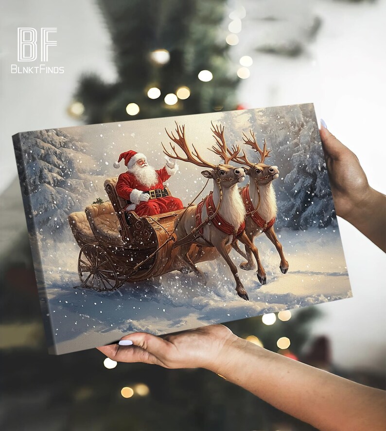 Santa Claus Sleigh Canvas - Christmas Wall Art with Reindeer, Snow Scene - Festive Holiday Home Decor, Xmas Gift Winter Wonderland Print 01 image 3