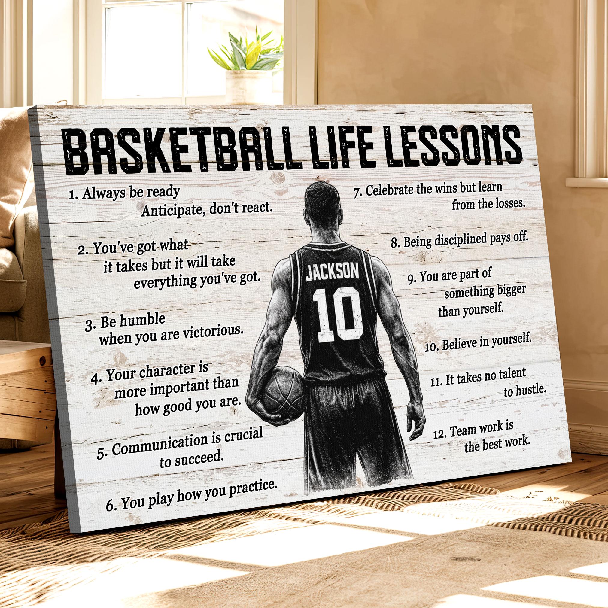 Basketball Life Lessons Poster, Custom Name Jersey Canvas, Graduate, School Basketball Sports, Gift for Men Boy Male Teen Grandson 12352 b