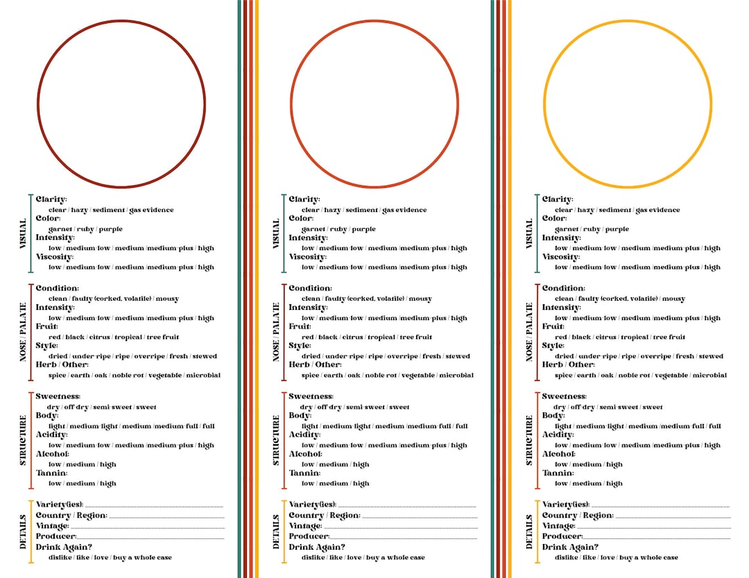 Retro Wine Tasting Sheet, 3 Wine Tasting Sheet, Printable Wine Tasting ...