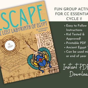 May include: A printable PDF activity for children, titled "Escape the Lost Labyrinth of Egypt: An Essentials Challenge". The cover features a brown and gold labyrinth design with a blue scarab beetle with gold wings.