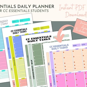 Puede incluir: Cuatro páginas de planificador diario imprimibles para estudiantes de CC Essentials. Cada página presenta un esquema de color diferente e incluye secciones para "Día de la comunidad", "IEW", "Matemáticas" y "EEL". El texto "CC Essentials Daily Tasks" está en la parte superior de cada página. El texto "¡Descarga instantánea de PDF!" está en la parte superior de la imagen. El texto "¡Incluye 9 estilos para elegir!" está en un rectángulo rosa en la parte inferior derecha de la imagen.