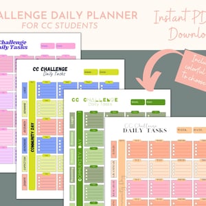 Op de afbeelding: Vier afdrukbare dagelijkse planner-sjablonen voor CC-studenten. De planners zijn in verschillende kleuren: roze, blauw, groen en oranje. Elke planner heeft een sectie voor dagelijkse taken, community day en een wekelijkse sectie.