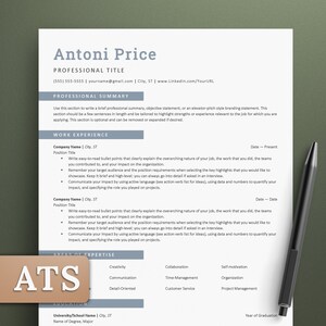 May include: A gray and white resume template with the name Antoni Price at the top. The resume includes sections for professional summary, work experience, areas of expertise, and education. The resume is designed to be used by job seekers.