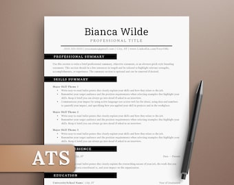 May include: A black and white resume template with the name Bianca Wilde at the top. The resume includes sections for professional summary, skills summary, experience, and education. The resume is designed to help job seekers create a professional and effective resume.