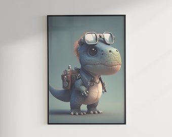 Puede incluir: Un dinosaurio azul y verde con gafas de aviador y una chaqueta de cuero con una mochila marrón. El dinosaurio tiene ojos grandes y una expresión amigable.