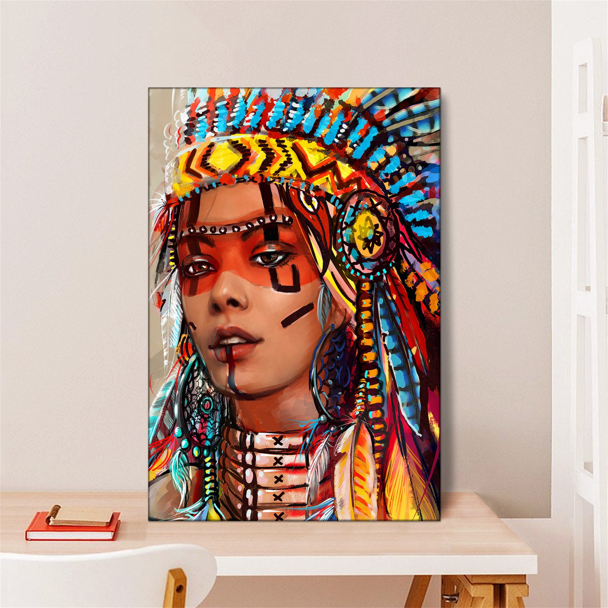 Native American Indian Boy Girl Portrait Cross Stitch Framed Wall Art Set 