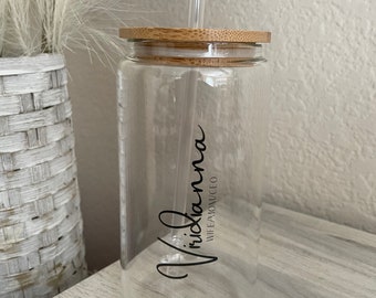 Glass Can 16oz w/ Bamboo Lids & Straw Personalized Iced Coffee Custom Tumblers Gift  Cat, FAST SAME DAY Ship, Free Proof Before Print