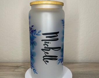 Frosted Glass Can 16 and 25oz w/ Bamboo Lids & Straw Personalized Iced Coffee Custom Tumblers Gift
