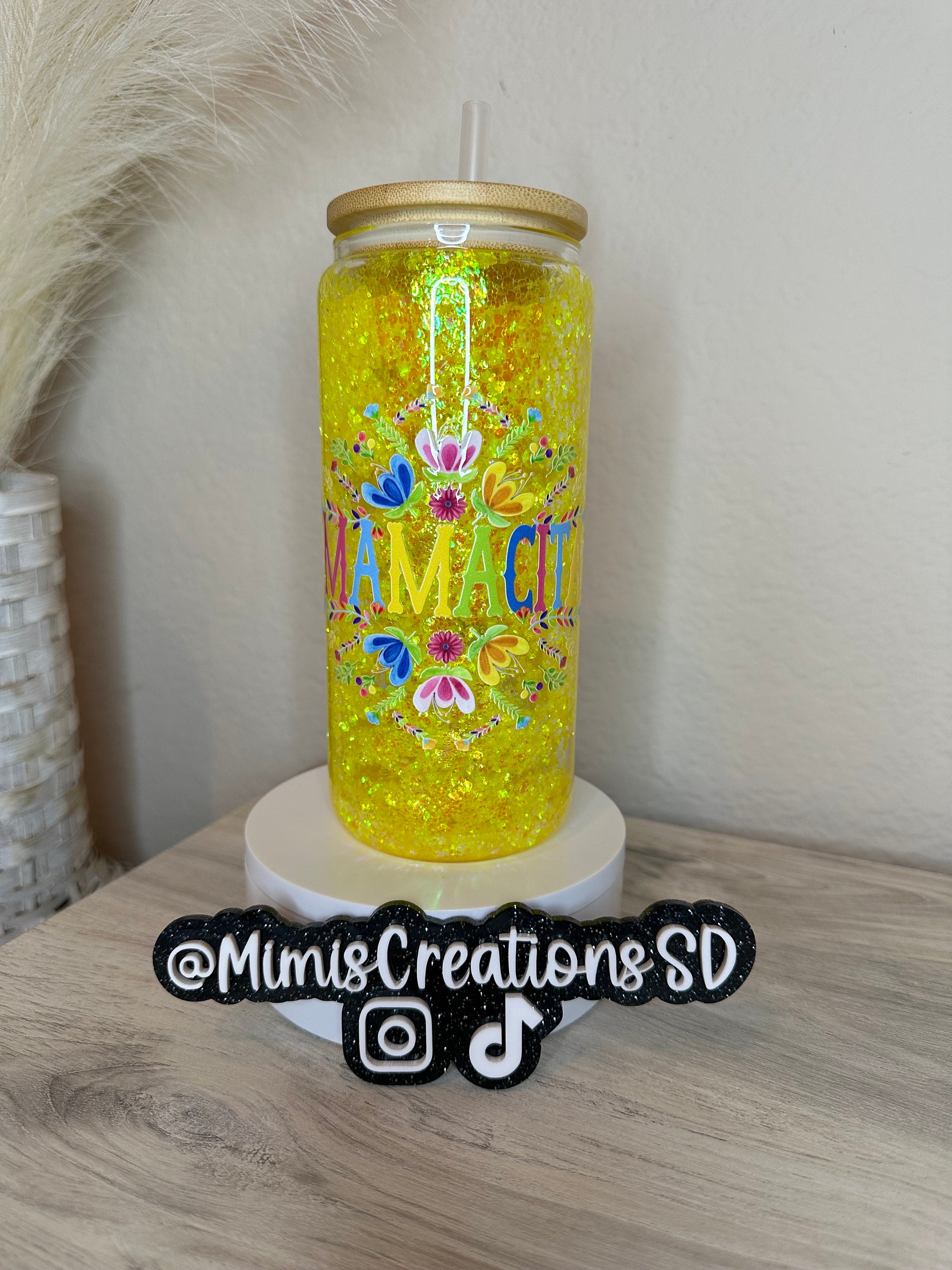 Mamacita Snowglobe Glass Can 16oz w/ Bamboo Lids & Straw Personalized Iced Coffee Glitter Mother’s Day gift- FAST SAME DAY Shipping