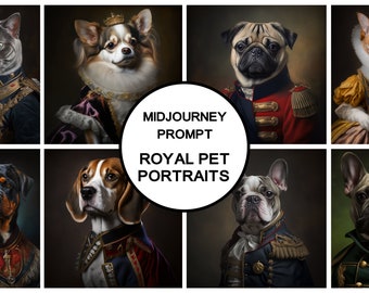 MidJourney Prompt für königliche Haustierportraits, lustige Haustierportraits, AI-Kunst, Hunde- und Katzen-Wandkunst, Best Midjourney Prompt, AI-generiertes Tier