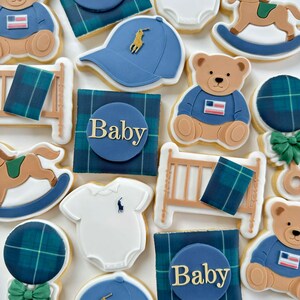 Polo | Biscuits pour baby shower inspirés de la RL | Biscuits baby shower sur le thème du polo | Biscuits baby shower |  Fête prénatale ours preppy RL