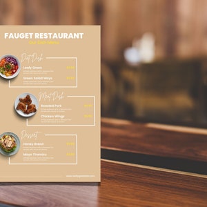 以下が含まれることがあります： タン色の背景に白い文字で書かれたレストランのメニュー。メニューは、ダイエット料理、肉料理、デザートの3つのセクションに分かれています。各セクションには、料理の写真と料理の名前と価格が記載されています。メニューには、レストランのウェブサイトのアドレスも記載されています。