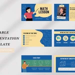 May include: A presentation template for a maths lesson. The template includes a title slide with the words "Maths Lesson" in bold, a slide with a list of features of the topic, a slide with a case study, and a slide with a definition of concepts in maths. The template is designed to be used by teachers to help them teach maths concepts to their students.