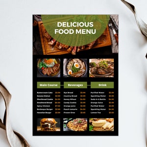 以下が含まれることがあります： 「DELICIOUS FOOD MENU」の文字が上部に表示された、黒と緑のフードメニュー。メインコース、飲み物、ドリンクの写真と、商品と価格のリストが掲載されています。