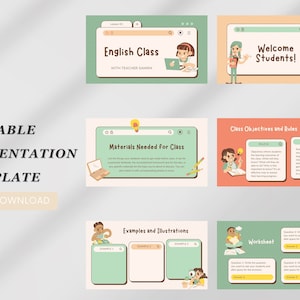 Puede incluir: Plantilla de presentación editable con un esquema de color verde y blanco. La plantilla incluye diapositivas para una clase de inglés, con títulos como "Clase de inglés", "¡Bienvenidos estudiantes!" y "Materiales necesarios para la clase".