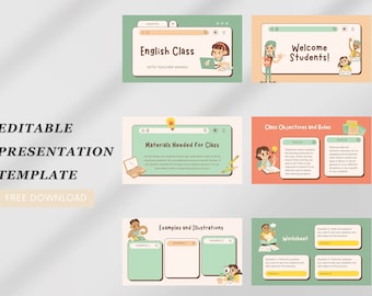 Pastelillustratie Computer UI Engelse lesonderwijspresentatie | Minimale e-learning presentatiesjabloon | Bewerkbare sjablonen.