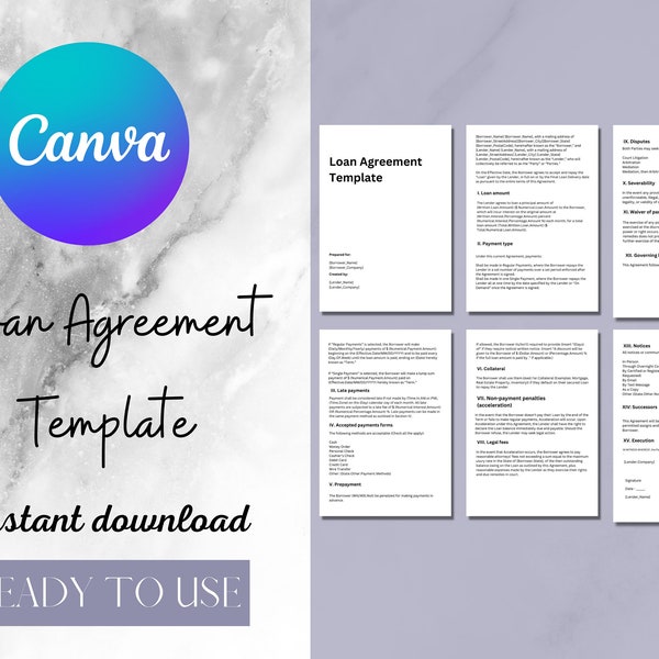 Loan Agreement Template | Short Easy to Edit Loan Agreement | Loan Contract | Microsoft Word & Google Docs | Instant Download