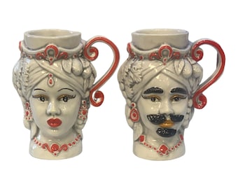 Couple of Moor's Heads Cups in Caltagirone ceramic, Off White & Fruit Decoration, h 15 x W 13 cm approx