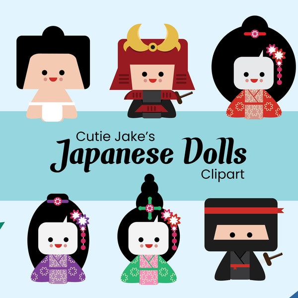 Japanese dolls illustration Kawaii Clipart, Japanese Vector, Digital Download, PNG, Color Clip Art, Nursery Printable, Japan, Sumo, Samurai