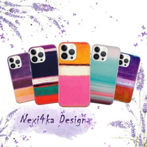 May include: Five different iPhone cases featuring abstract art designs. The cases showcase a range of colours, including purple, orange, pink, blue, and green. All cases are made from clear plastic and have a matte finish.