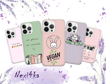 May include: Five different phone cases with vegan and animal-friendly messages. The cases are pink, green, and purple with white text and illustrations. The text includes "eat plants, not animals", "cruelty free", "friends not food", "vegan and proud", and "kind to every kind".