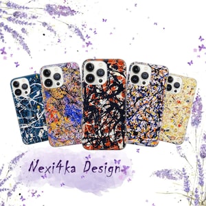 May include: Five different iPhone cases with abstract art designs. The cases are all black and white with splashes of color. The designs are reminiscent of Jackson Pollock's paintings.