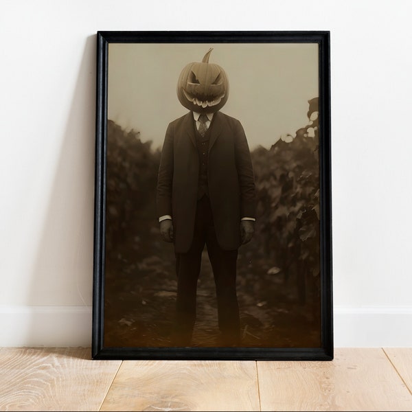 Pumpkin Man in Patch, Vintage photography, Art Poster Print, Dark Academia, Gothic Occult Poster, Witchcraft, Gothic Home Decor, Halloween