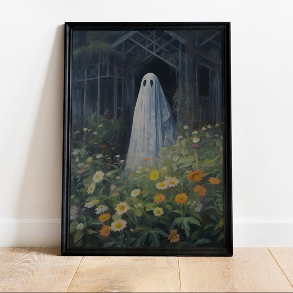 Ghost in Daisy Field, Vintage Poster, Art Poster Print, Dark Academia, Gothic, Cottagecore, Witch Art, Halloween Art