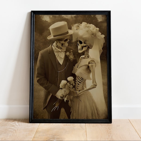 Romantic Skeleton Couple, Vintage photography, Art Poster Print, Dark Academia, Gothic Occult Poster, Witchcraft, Gothic Home Decor, Wedding