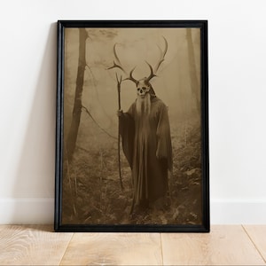 Druide des Waldes, Vintage-Fotografie, Kunstposterdruck, Dark Academia, Gothic Okkult Poster, Hexerei, Gothic Home Decor, Totenkopf
