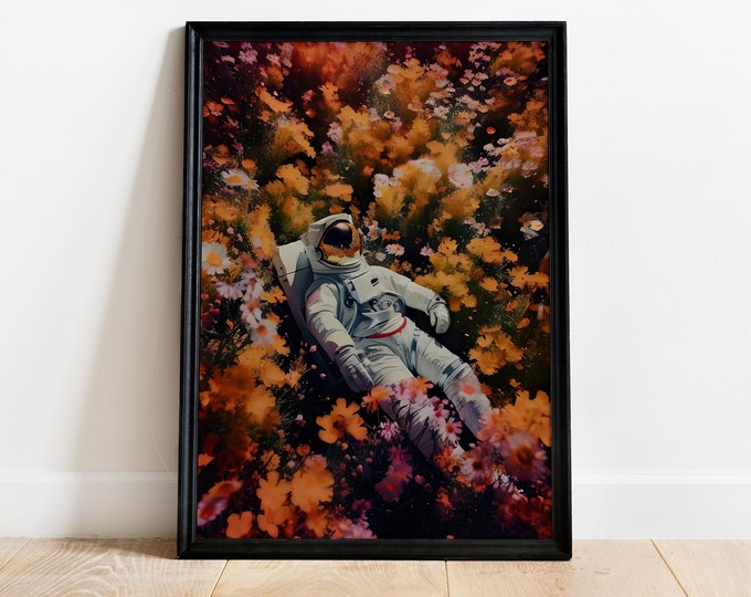 Astronaute dans un champ de fleurs, affiche de science-fiction, impression d'affiche d'art, nature gothique, bel art moderne créatif.