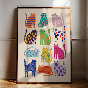 Puede incluir: Una impresi&oacute;n art&iacute;stica enmarcada con doce ilustraciones estilizadas de gatos en varios colores y patrones. Los gatos est&aacute;n dispuestos en una cuadr&iacute;cula, cada uno mostrando un dise&ntilde;o &uacute;nico, incluyendo rayas, lunares y colores s&oacute;lidos. El fondo es beige neutro.