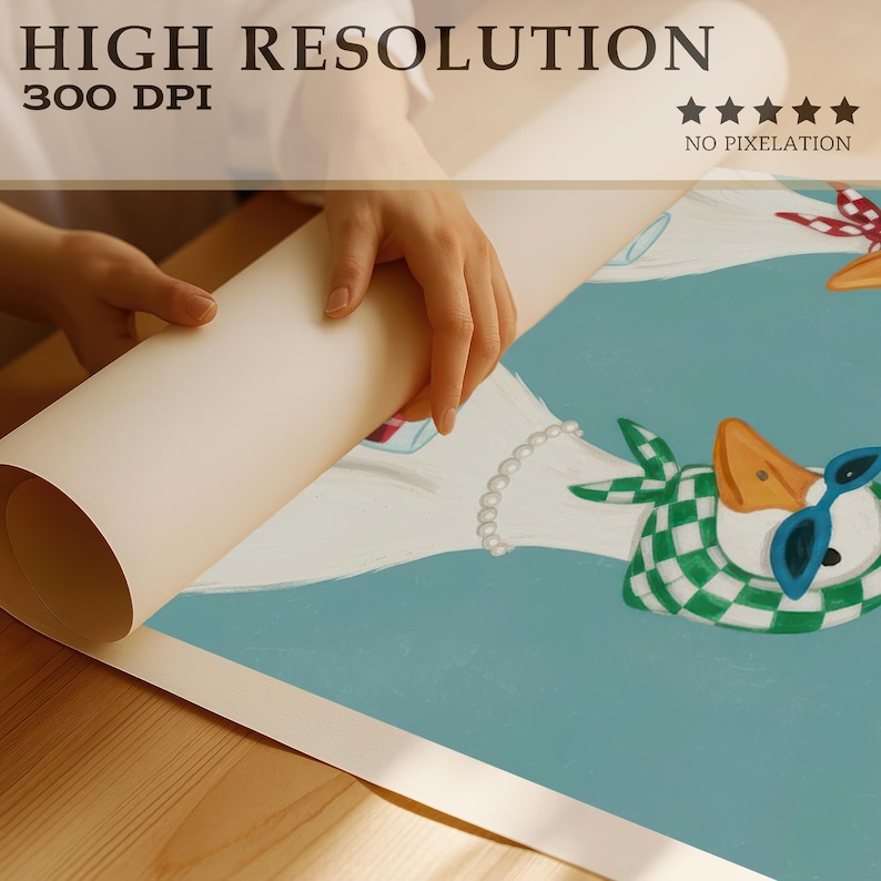 May include: A rolled-up art print with the text "HIGH RESOLUTION 300 DPI" is being unrolled to reveal a whimsical illustration of a goose wearing sunglasses and a checkered scarf. The artwork features a light blue background.