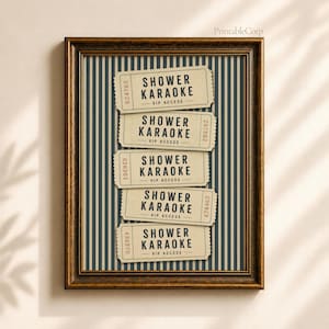 Shower Karaoke VIP Access Print, Retro Blue Green Striped Ticket Decor, Funny Bathroom Wall Art, Kitsch Restroom Poster Digital Download