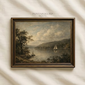 Vintage Sailboat Lake Wall Art, Antique Moody River Landscape Print, Classic Oil Painting Decor, Rustic Nautical Nature Printable Art 12-21