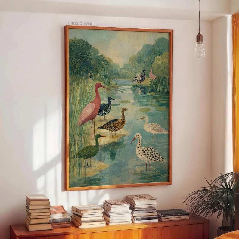 Puede incluir: Una impresi&oacute;n art&iacute;stica enmarcada que presenta un sereno paisaje acu&aacute;tico con aves coloridas. La obra de arte muestra una variedad de especies aviares en tonos de rosa, verde, negro y blanco, sobre un fondo de exuberante vegetaci&oacute;n y agua. El marco es marr&oacute;n c&aacute;lido.