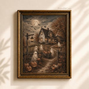 May include: A framed wall art print featuring a spooky scene with a house, a full moon, bats, and several white ghosts interacting with pumpkins in a yard. The artwork has a dark, autumnal color palette with brown and orange tones throughout.