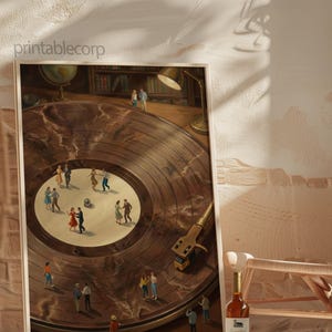 May include: A framed print depicting a vinyl record with miniature figures dancing on its surface. The artwork features a warm color palette, a turntable, and a bottle of wine. The text "printablecorp" is visible.