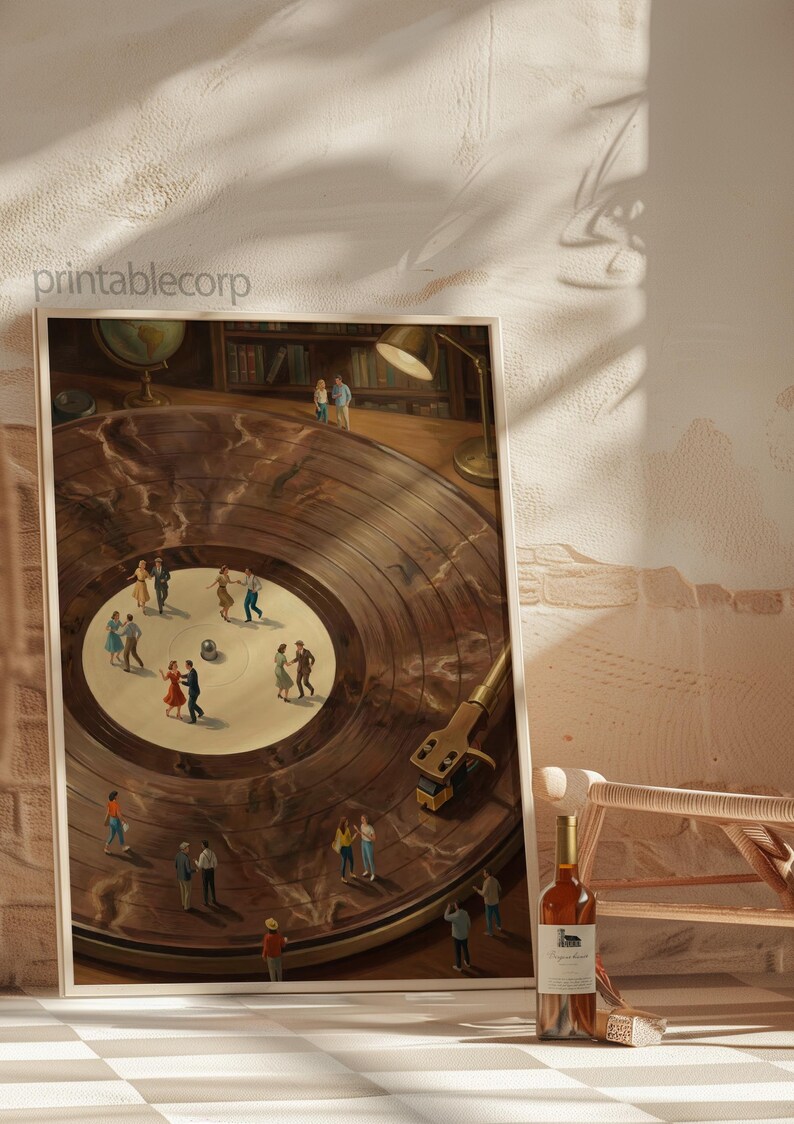 May include: A framed print depicting a vinyl record with miniature figures dancing on its surface. The artwork features a warm color palette, a turntable, and a bottle of wine. The text "printablecorp" is visible.