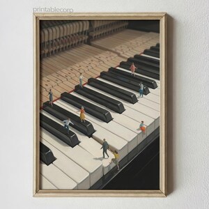 May include: Framed art print depicting a piano keyboard with miniature figures walking and standing on the keys. The black and white keys are in sharp focus, with the piano's inner workings visible in the background. The print is in a wooden frame.