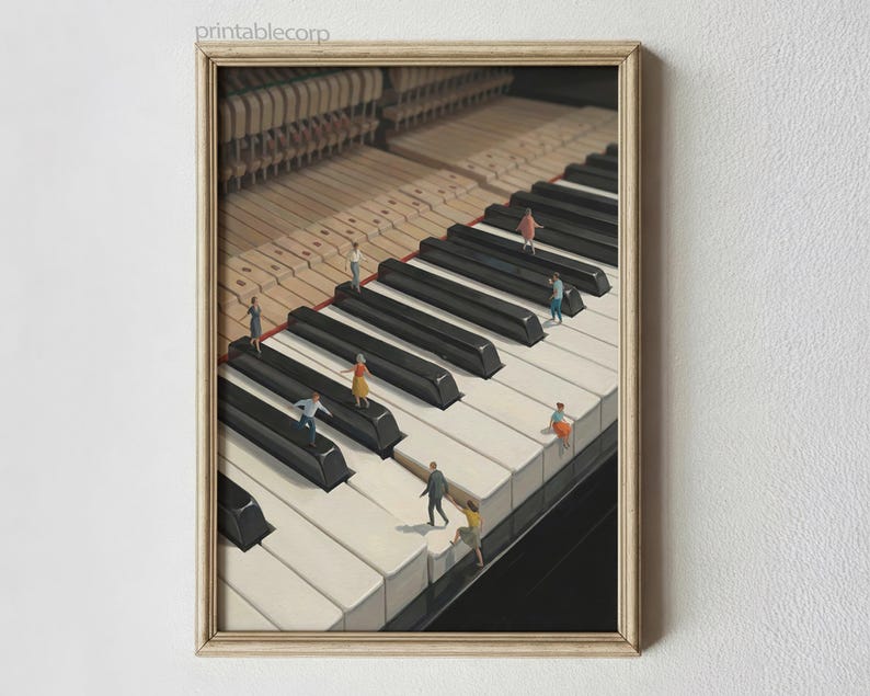 May include: Framed art print depicting a piano keyboard with miniature figures walking and standing on the keys. The black and white keys are in sharp focus, with the piano's inner workings visible in the background. The print is in a wooden frame.