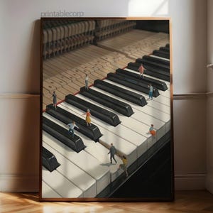 May include: A framed art print featuring a detailed view of a piano keyboard with miniature figures walking on the keys. The keys are black and white, and the print has a warm, inviting color palette. The text "printablecorp" is in the top left corner.