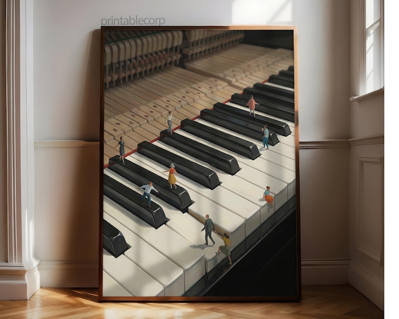 May include: A framed art print featuring a detailed view of a piano keyboard with miniature figures walking on the keys. The keys are black and white, and the print has a warm, inviting color palette. The text "printablecorp" is in the top left corner.