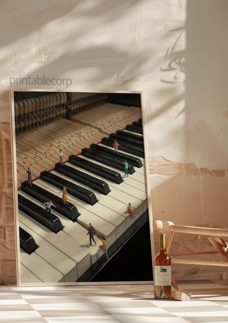 May include: A framed print featuring a detailed image of a piano keyboard with miniature figures walking on the keys. The print has a light-colored frame and is set against a neutral background. A bottle of wine sits nearby.