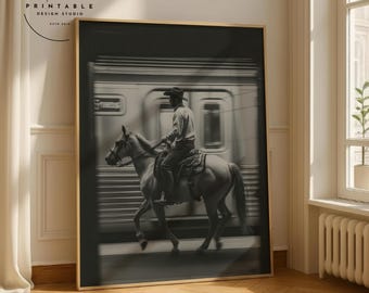 Vintage NYC Cowboy Subway Poster Wall Art, Black and White Western New York City Print, Cowboy Sports Art Print, Printable Digital Download