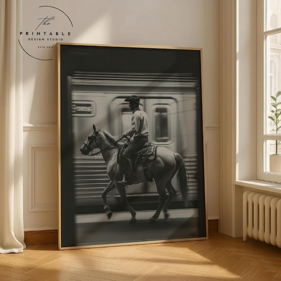 Vintage NYC Cowboy Subway Poster Wall Art, Black and White Western New York City Print, Cowboy Sports Art Print, Printable Digital Download