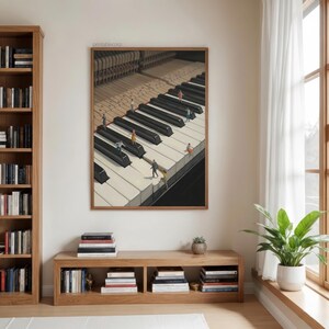 May include: A framed print depicts a piano keyboard with miniature figures on the keys. The black and white keys are angled, and the figures are dressed in various colors. The print is in a wooden frame and hangs on a white wall.