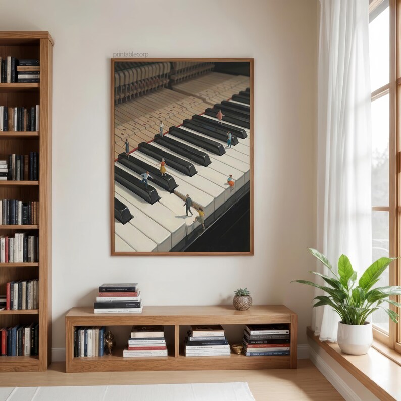 May include: A framed print depicts a piano keyboard with miniature figures on the keys. The black and white keys are angled, and the figures are dressed in various colors. The print is in a wooden frame and hangs on a white wall.